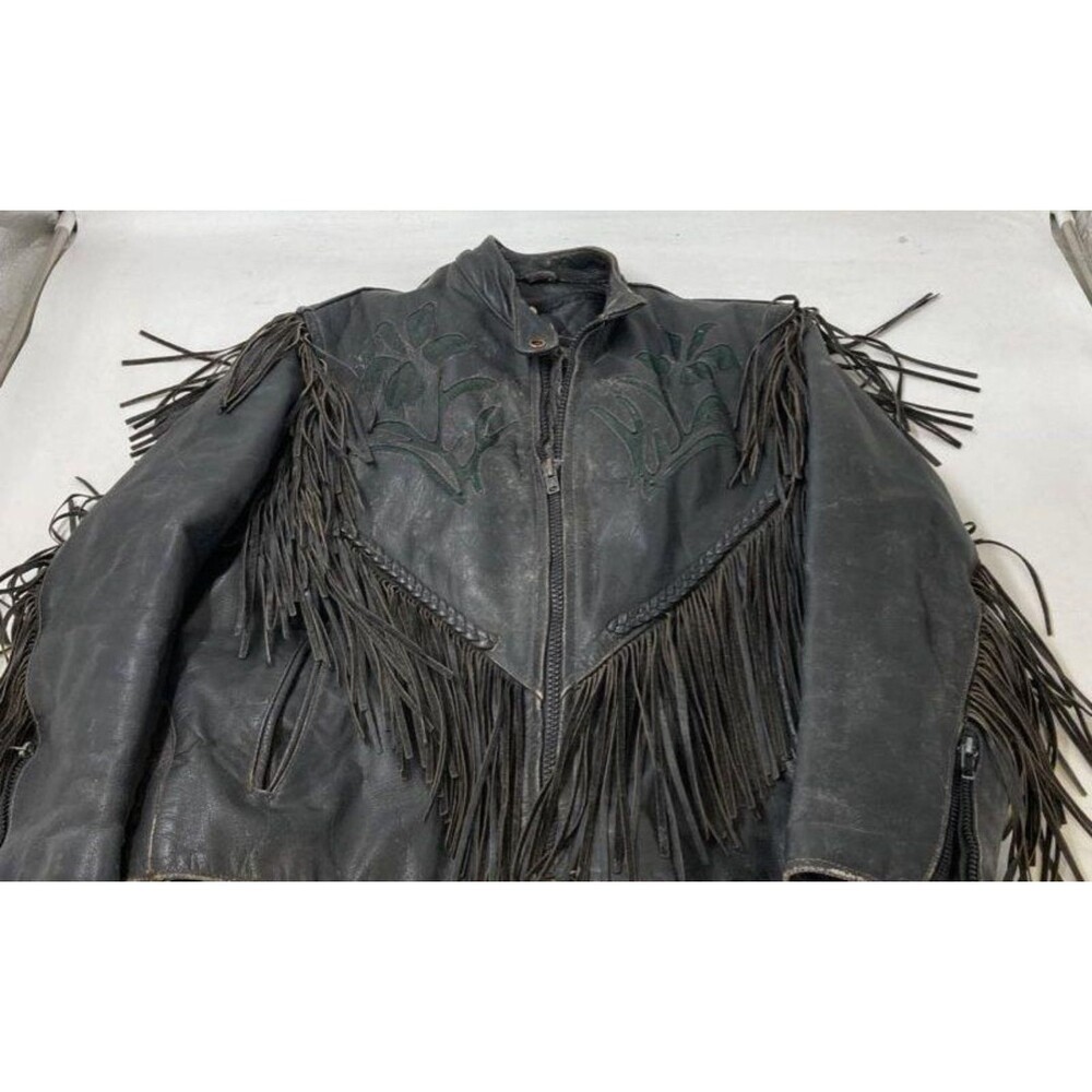 VINTAGE Black Leather Floral Fringe RIDING Jacket Women's Size L - Picture 6 of 6